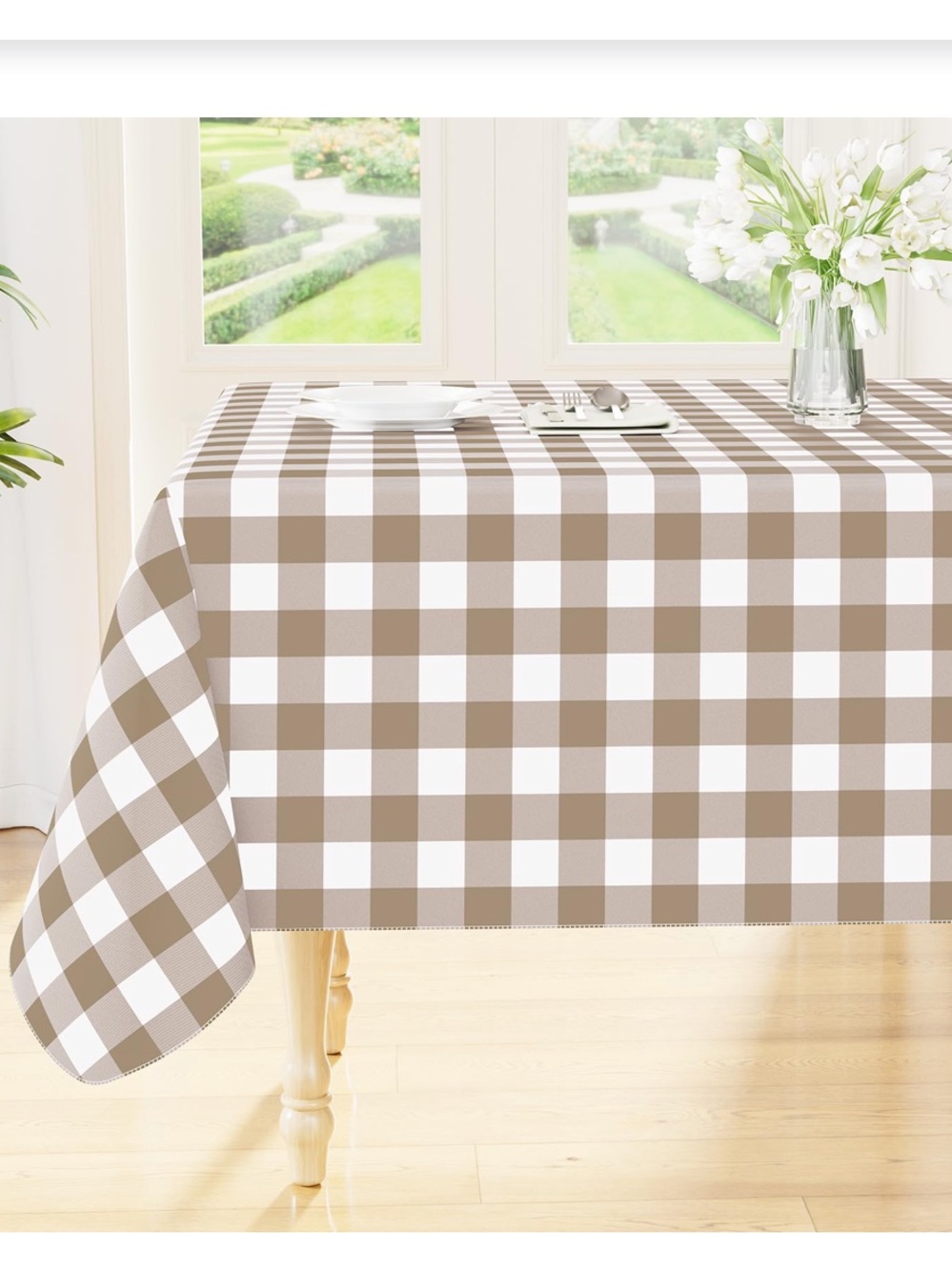 Durable Vinyl Checkered Tablecloth Flannel Back 84x60” Rectangular Khaki & White